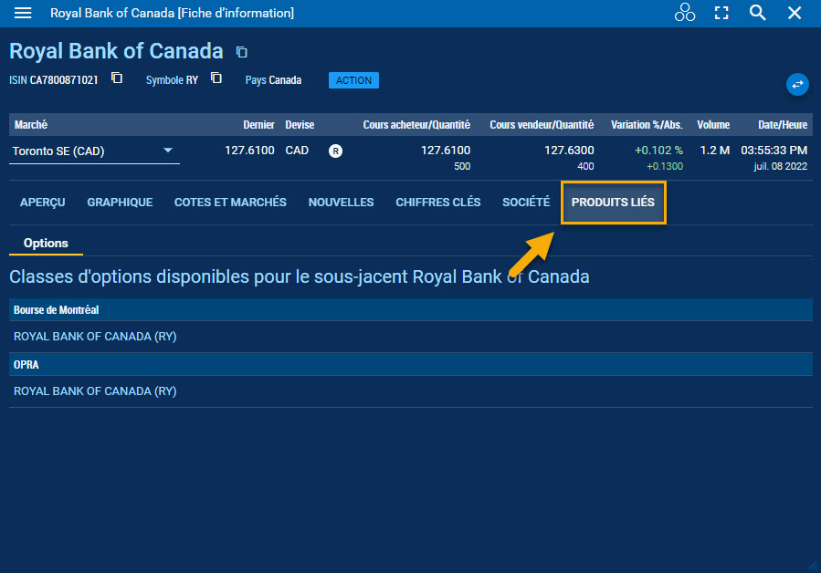 Onglet des produits liés en surbrillance dans une fiche d’information